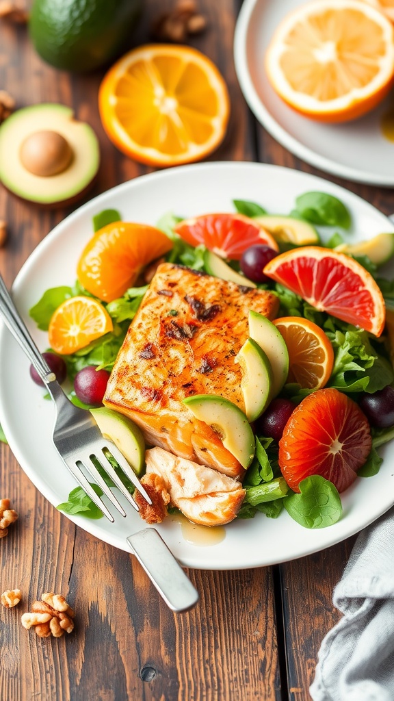 A vibrant salad with grilled salmon, oranges, grapefruits, avocado, and mixed greens on a rustic table.